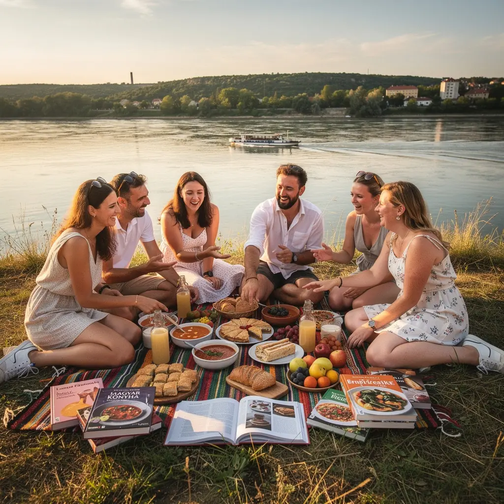 Konyhai eszközök és fűszerek elrendezése egy recept könyv mellett.